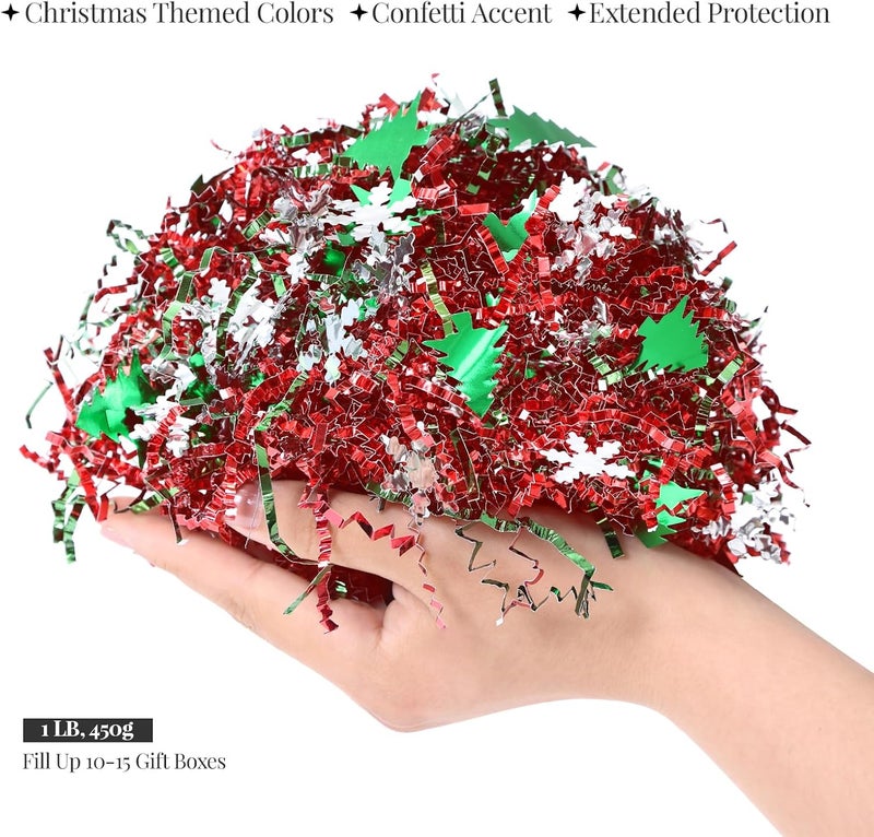 PAPER FAIR 1LB Metallic Red Green Christmas Crinkle Cut Paper Shred Filler w/Tree & Snowflake Confetti, Gift Wrap Packaging Raffia Tissue Strand, Craft Bedding Cushion, Winter Birthday Box Basket - Image 5
